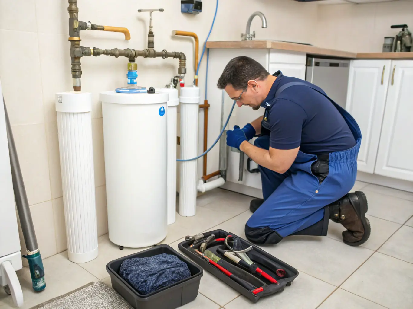 A professional plumber installing a water softener system in a home.