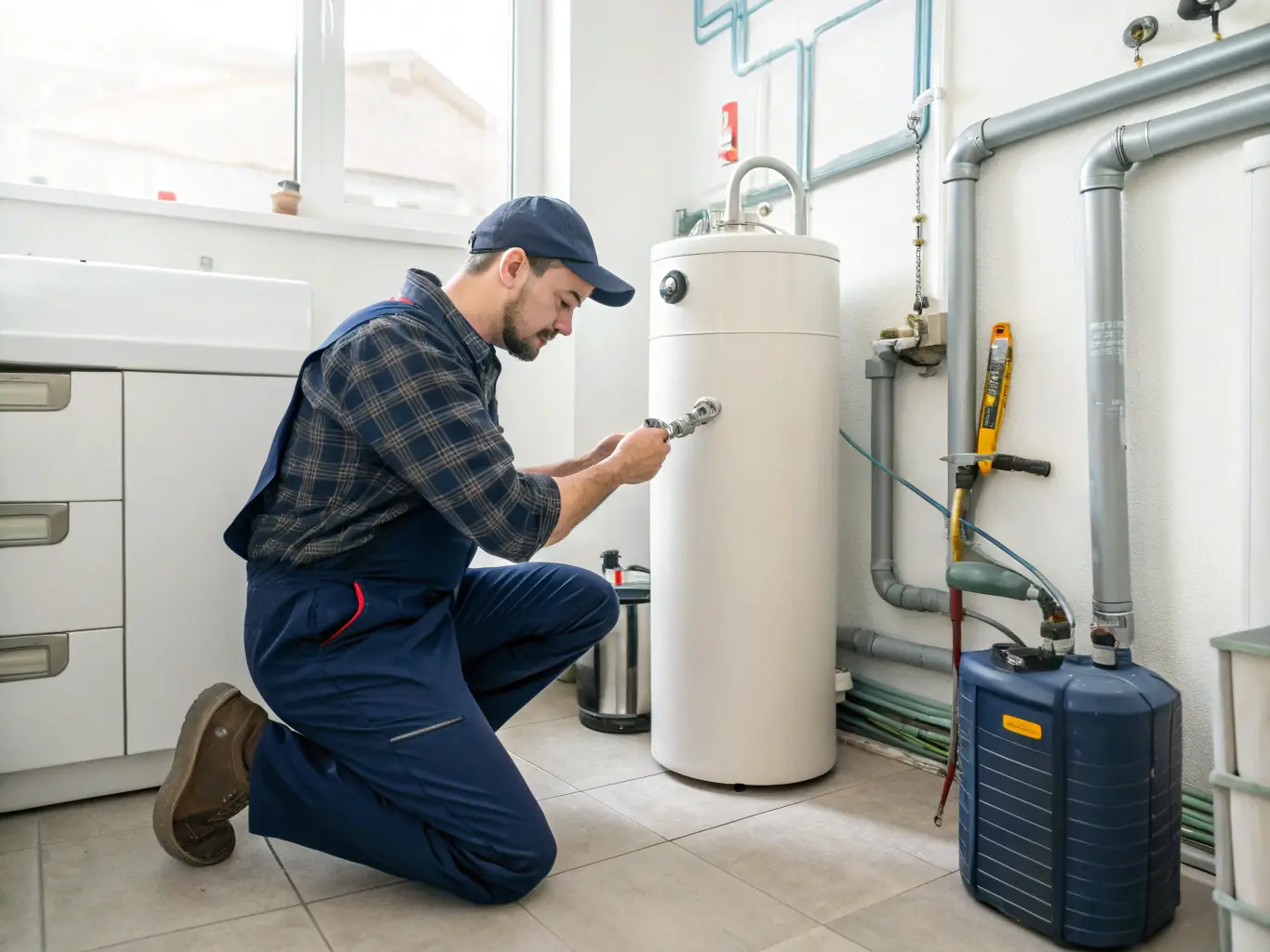 A technician performing maintenance on a water softener unit.