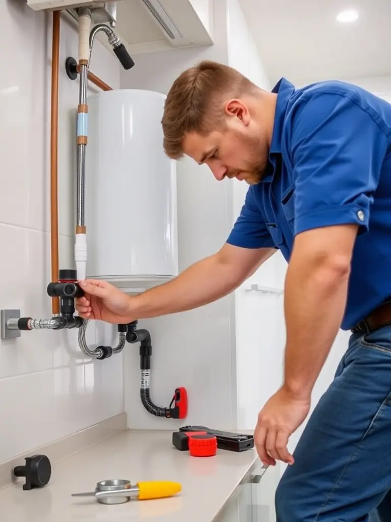 A professional plumber installing a water softener system in a modern kitchen.