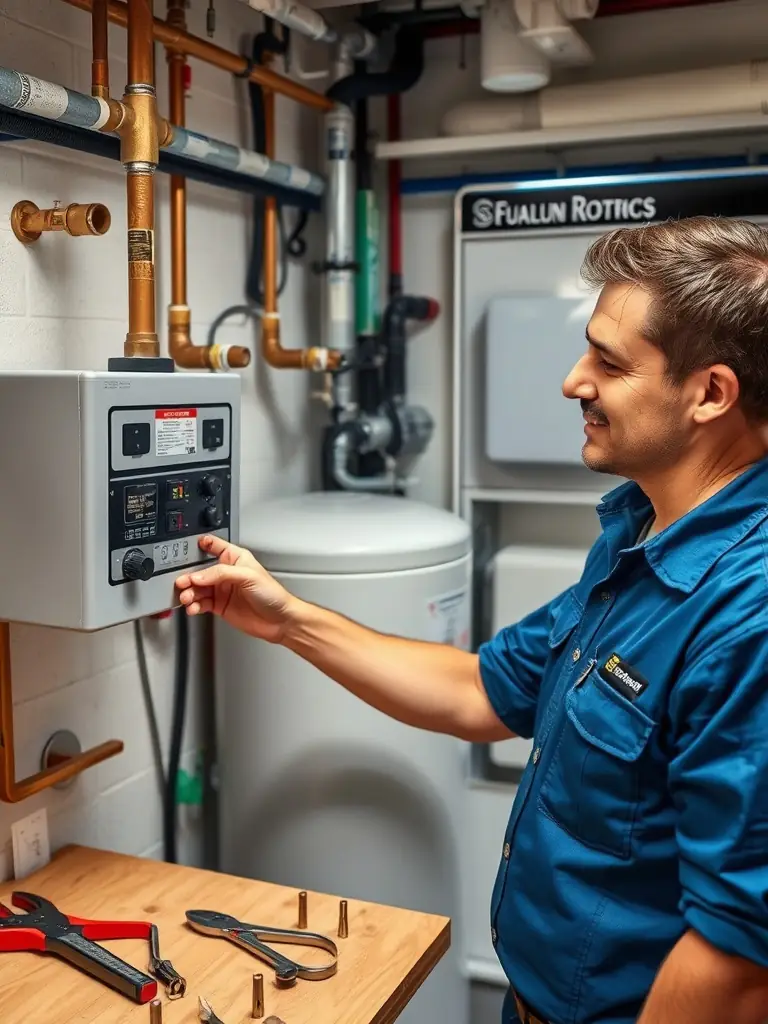 A technician performing maintenance on a water softener.