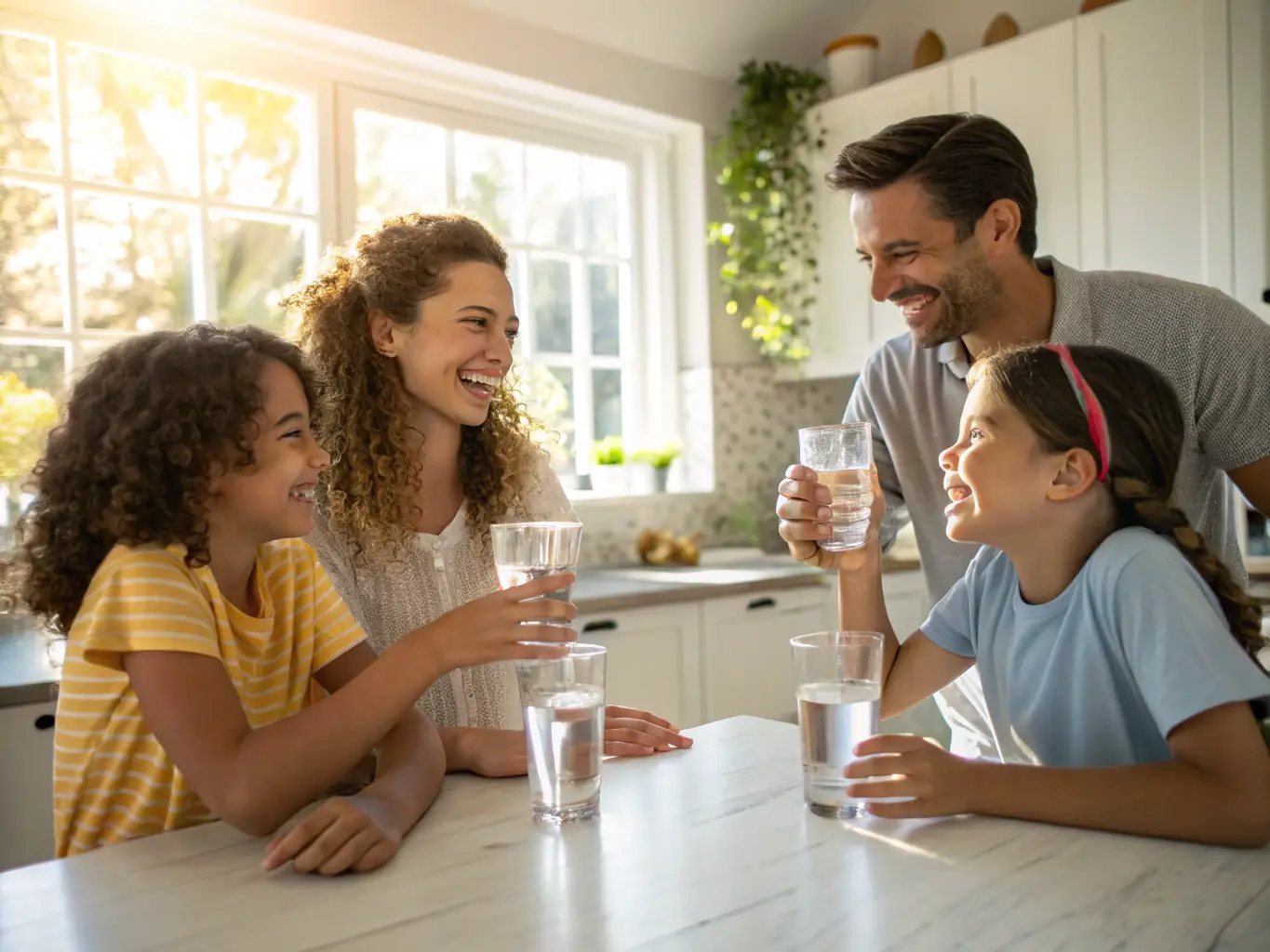 A family enjoying a refreshing glass of water, emphasizing the health and wellness benefits of softened water for drinking and cooking.