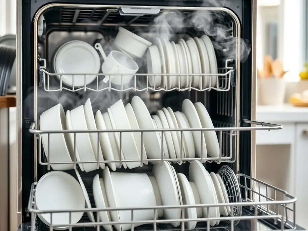 A close-up shot of sparkling clean dishes and glassware, highlighting the benefits of softened water in preventing spots and residue.